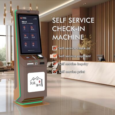 Kiosk tự kiểm tra khách sạn với thanh toán mã QR và màn hình cảm ứng để tự phục vụ trên sàn