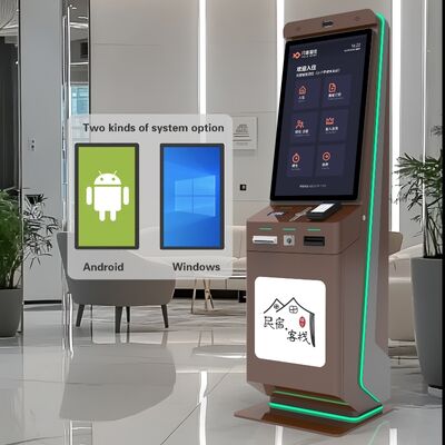 Kiosk tự kiểm tra khách sạn với thanh toán mã QR và màn hình cảm ứng để tự phục vụ trên sàn