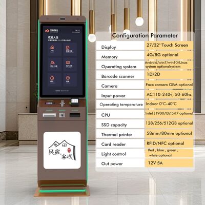 Kiosk tự kiểm tra khách sạn với thanh toán mã QR và màn hình cảm ứng để tự phục vụ trên sàn