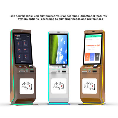 Kiosk tự kiểm tra khách sạn với thanh toán mã QR và màn hình cảm ứng để tự phục vụ trên sàn