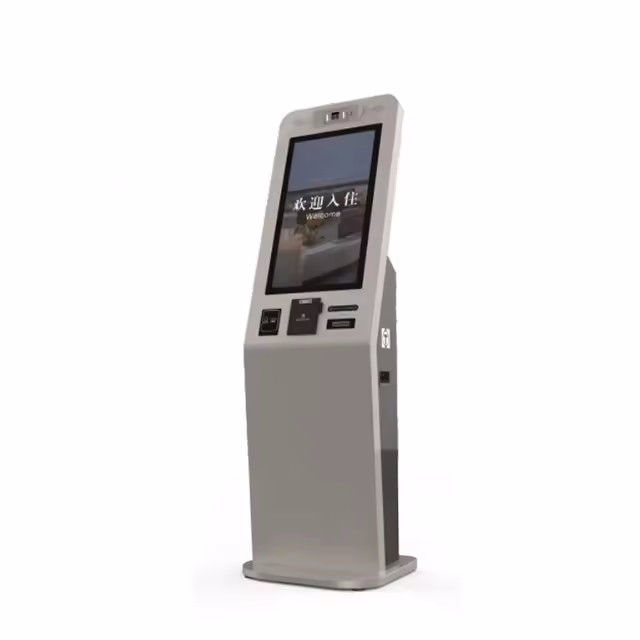 Kiosk tự kiểm tra màn hình cảm ứng với hệ thống phát hành thẻ rối loạn tích hợp, máy chấp nhận tiền mặt và giao diện đa ngôn ngữ