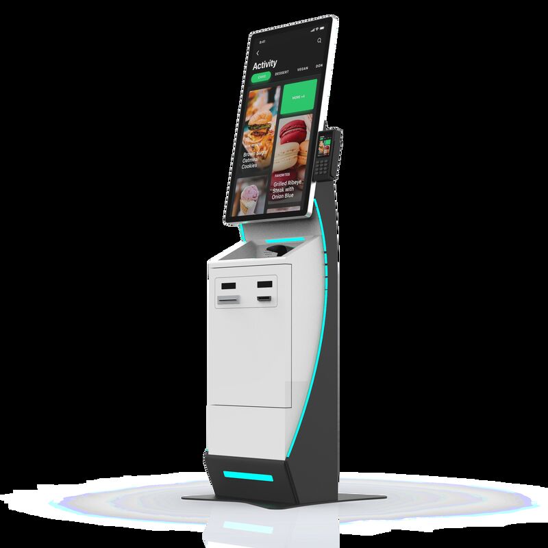 Kiosk tự kiểm tra với trình đọc hộ chiếu và hệ điều hành Windows 10 có đèn LED tùy chỉnh để tăng cường quản lý khách truy cập