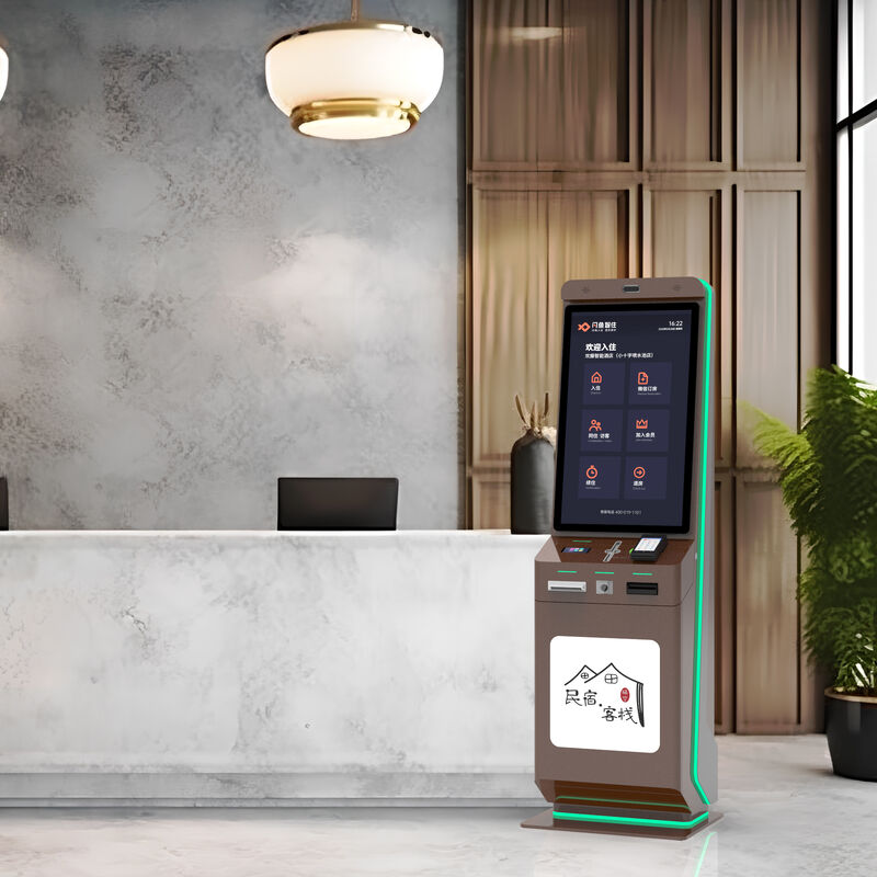 Kiosk tự kiểm tra khách sạn với thanh toán mã QR và màn hình cảm ứng để tự phục vụ trên sàn